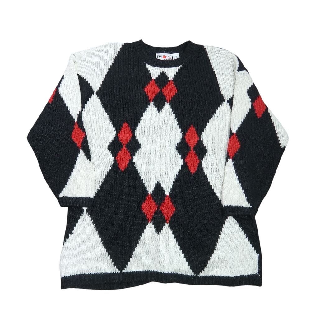 Vintage 90s black cream and red diamond print knit sweater 22W